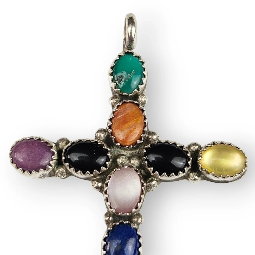 Southwestern Sterling Gemstone Cross Pendant Colorful Vintage 925 Silver 2.25